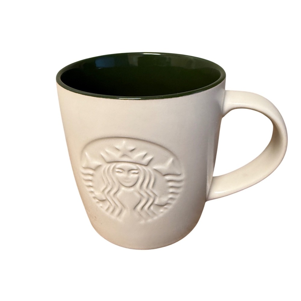 Starbucks Matte White Embossed Siren Logo Coffee Mug Green Interior 11oz 325ml